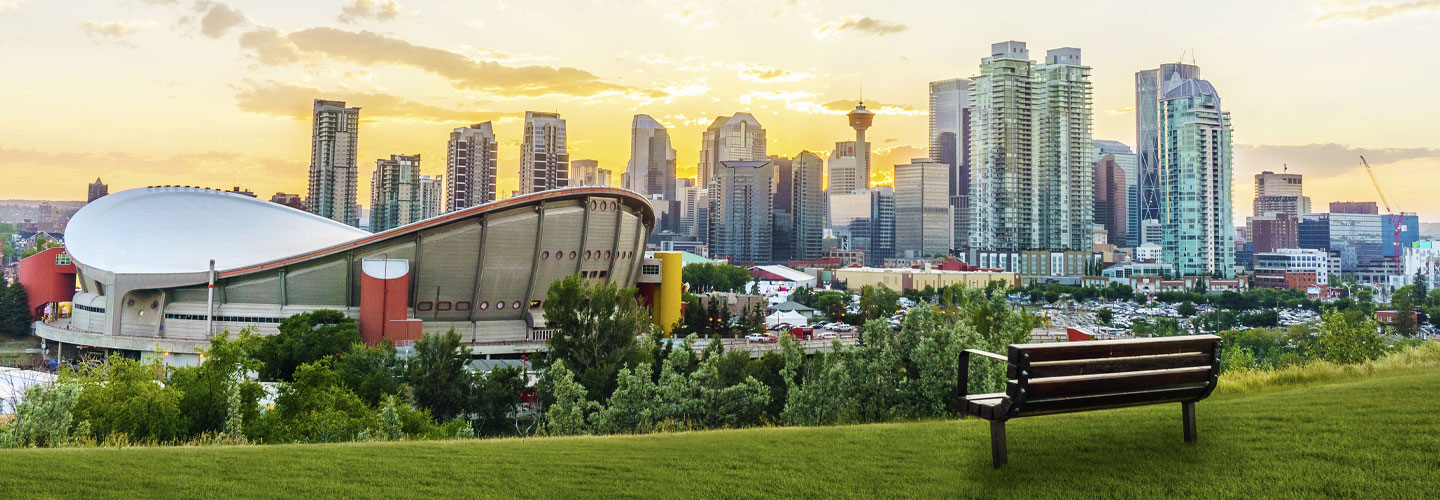 Calgary skyline overlooking the Scotiabank Saddledome