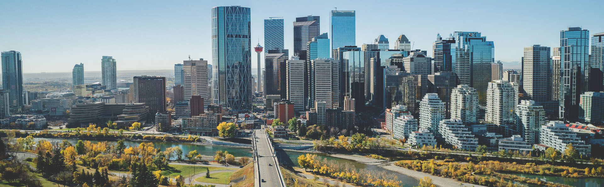 aerial of the Calgary skyline down center street during summer