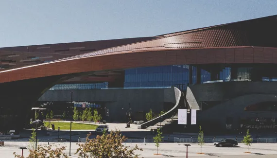 The new BMO Centre with a blue sky back drop in Calgary Alberta.