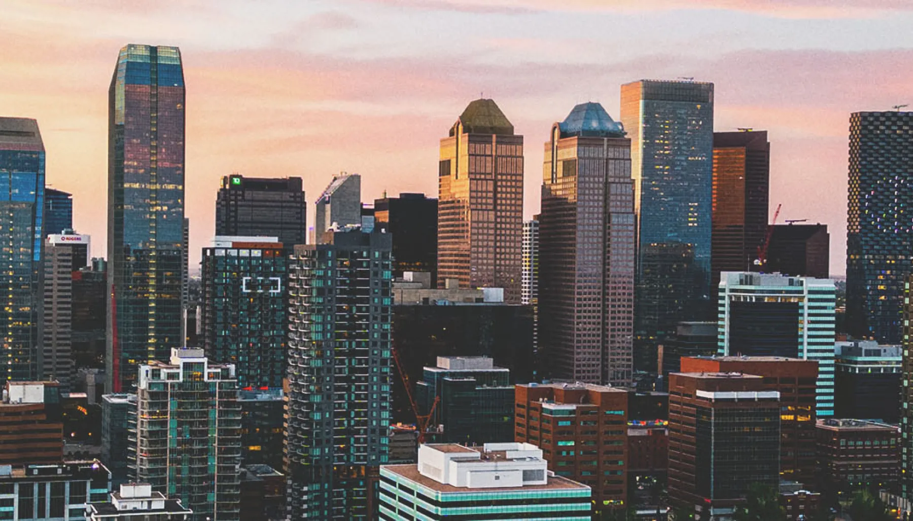 downtown Calgary skyline during a cotton candy sunset