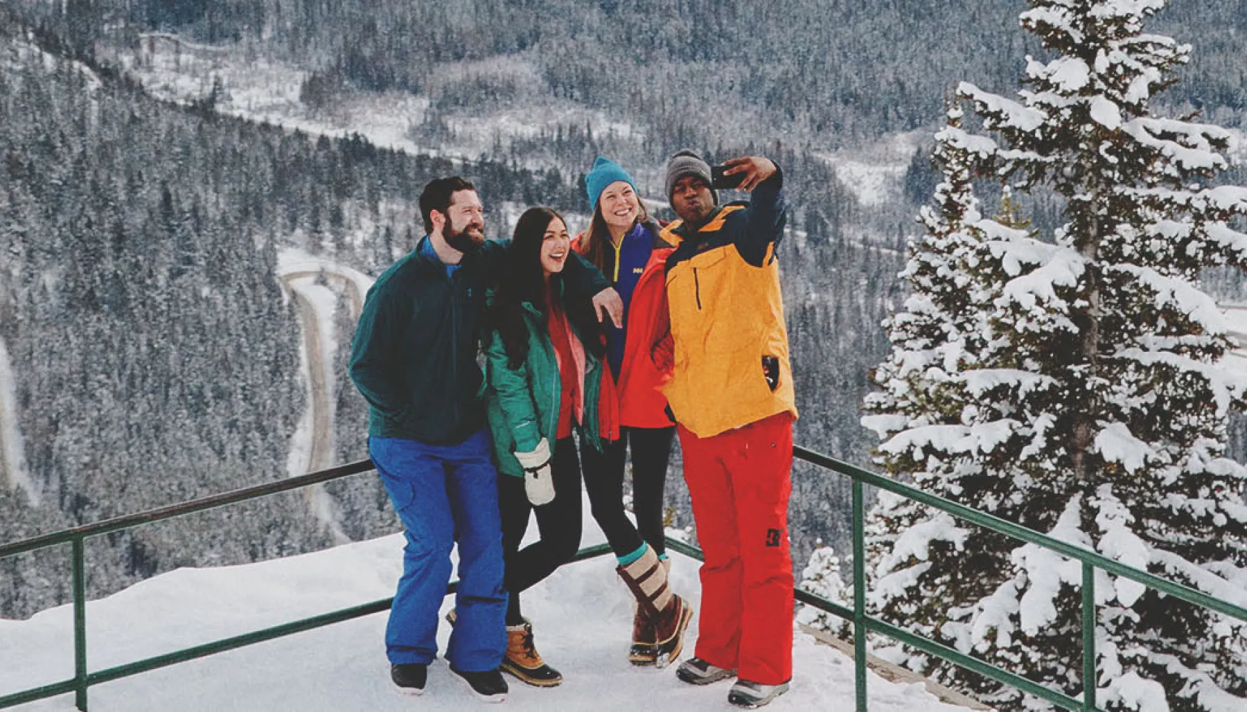 a group of friends taking a selfie in Banff National Park