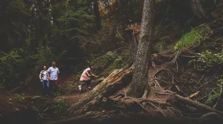 family of three walking along a dirt path with exposed tree roots on the Douglas Fir Trail