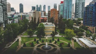 aerial skyline of Central Memorial Park in Calgary's Beltline Neighbourhood