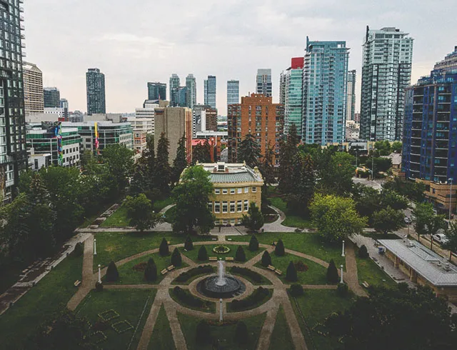 aerial view of Calgary's beltline neighbourhood