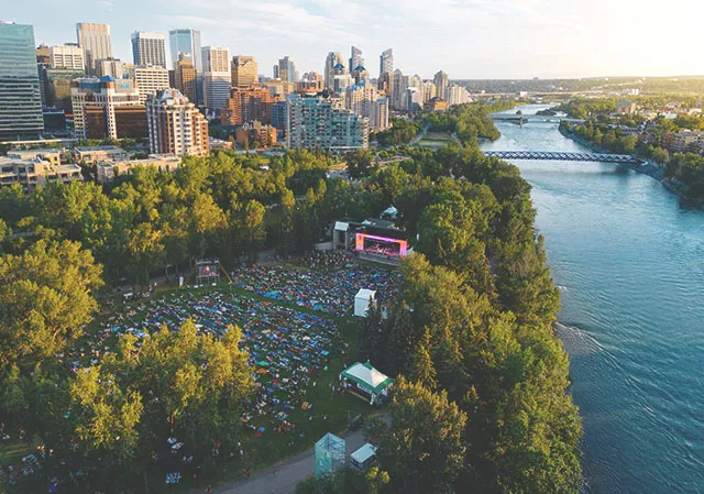 aerial view of Prince's Island Park during Calgary Folk Fest