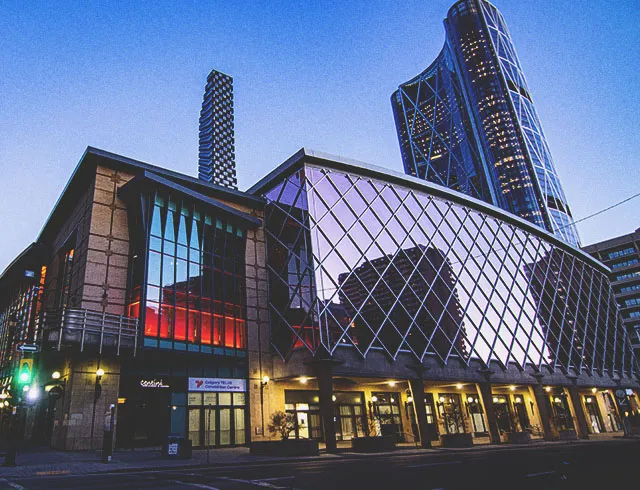 Exterior of the Calgary Telus Convention Centre downtown at dusk