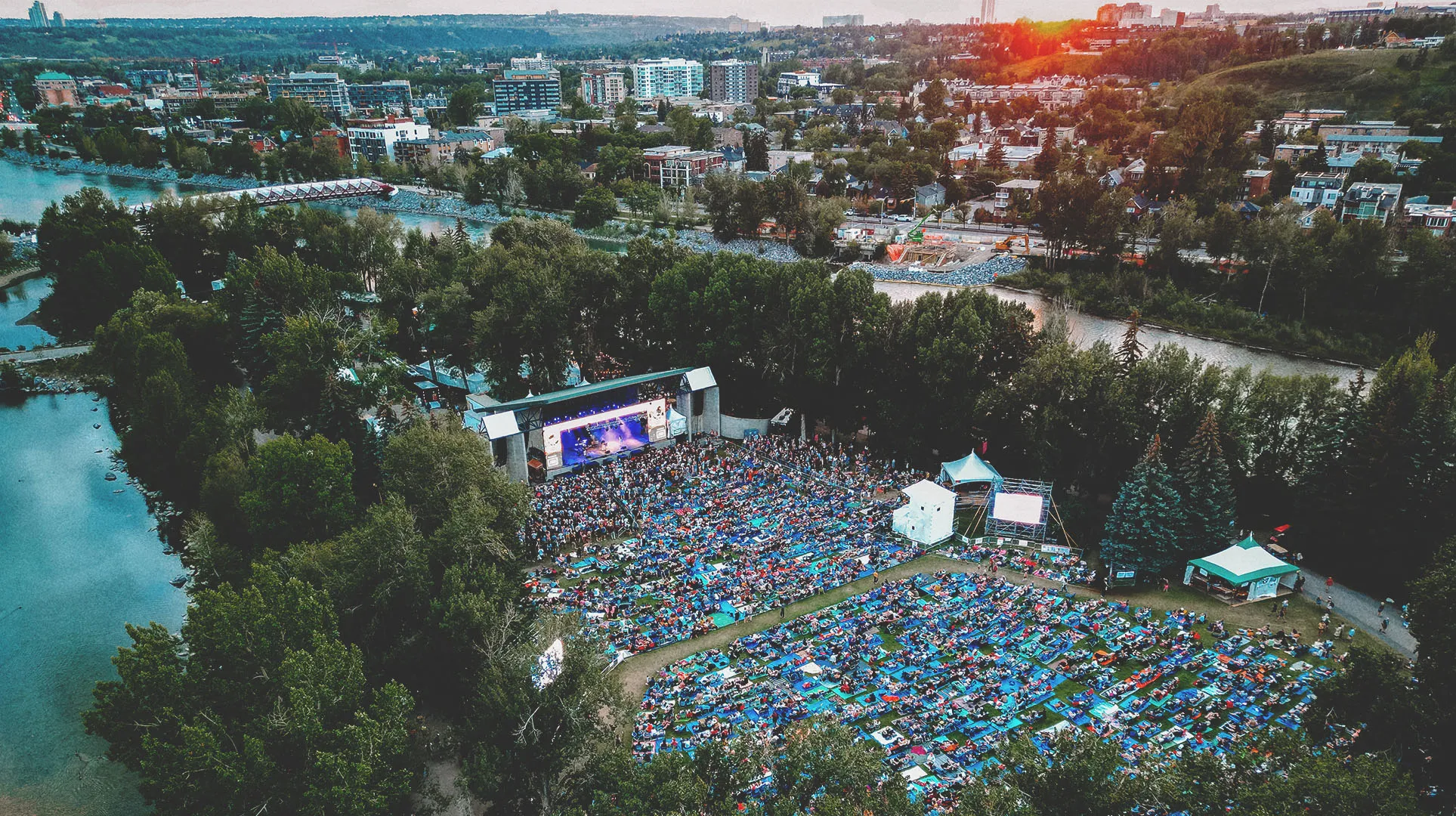 aerial image of Prince's Island Park during Calgary Folk Fest